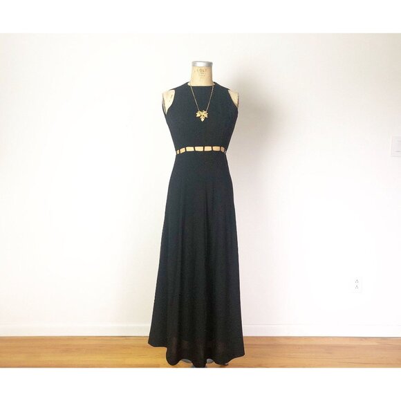 Vintage mod black dress cutout midriff | maxi dress | sleeveless party dress - Picture 4 of 10